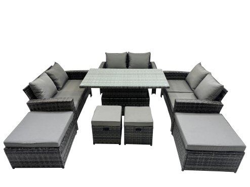 Fimous Outdoor Love Sofa Set 10 Seat Rattan Garden Furniture Set with Adjustable Lifting Dining or Coffee Table Dark Grey Mixed