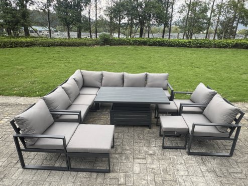 Fimous Aluminium Adjustable Rising Lifting Dining Table Sofa Set 11 Seat Aluminium Garden Furniture Sets with 3 Footstools 2 Chairs Dark Grey