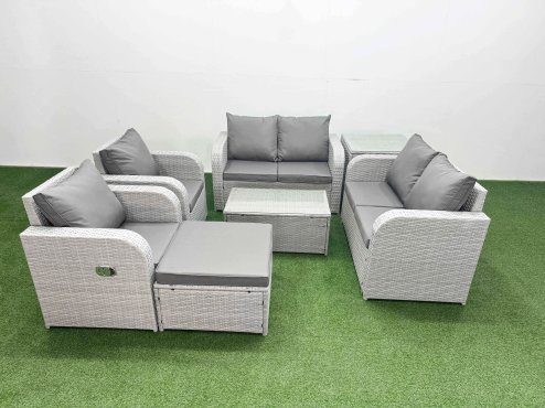 Fimous 7 Seater Outdoor Reclining Chair Love Sofa Set Rattan Garden Furniture Set with Rectangular Coffee Table Footstool Side Table Light Grey