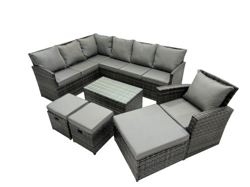Fimous 10 Seat Poly Rattan Outdoor Patio Coffee Table Corner Sofa Set with 3 Stools Chair for Garden Backyard Dark Grey Mixed