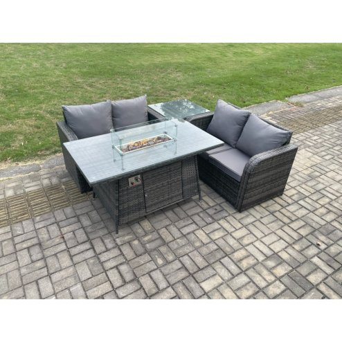 Fimous Rattan Garden Furniture Set with Gas Fire Pit Table 4 Pieces Outdoor Loveseat Sofa Set Dark Grey Mixed