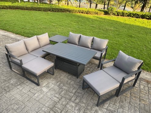 Fimous Garden Aluminium Furniture Set Dark Grey 9 Seater Outdoor Patio Adjustable Rising Lifting Dining Table with 2 Big Footstools Dark Grey