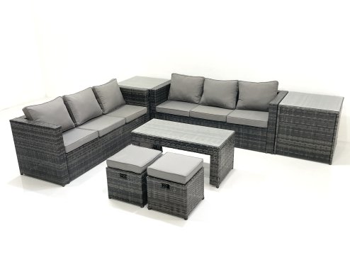 Fimous Garden Outdoor Rattan Furniture Set with Sofa Coffee table 2 Small Footstools 2 Side Tables Dark Grey Mixed