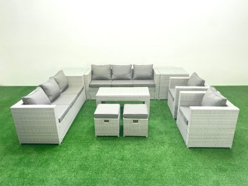Fimous Outdoor Garden Furniture Rattan Sofa Set with 2 Armchairs Oblong Coffee Table 2 Small Footstools 2 Side Tables Light Grey Mixed