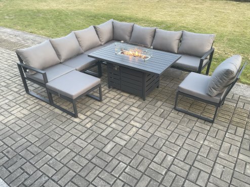 Fimous Aluminium Lounge Corner Sofa Outdoor Garden Furniture Sets Gas Fire Pit Dining Table Set with Big Footstool Dark Grey