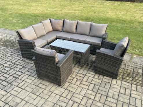 Fimous 8 Seat Rattan Garden Furniture Corner Sofa Set Outdoor Patio Chair Sofa Table Set Dark Grey Mixed