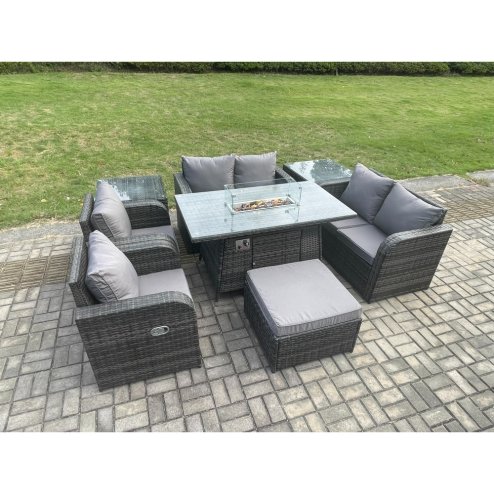 Fimous 7 Seater Rattan Garden Furniture Set Propane Gas Fire Pit Table and Sofa Chair set with 2 Side Tables Big Footstool