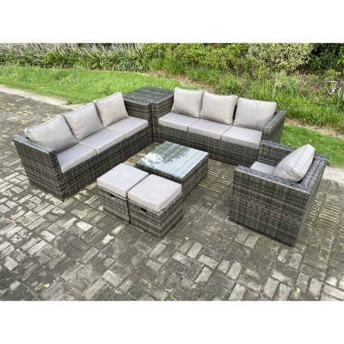 Fimous 9 Seater Rattan Garden Furniture Sofa Set with Armchair Side Table Square Coffee Table 2 Small Footstools Indoor Side Table Outdoor Rattan Set Dark Grey Mixed