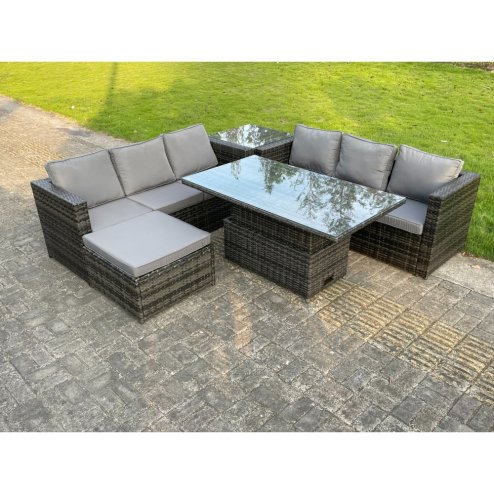 Fimous 7 Seater?Outdoor Rattan Sofa Set Adjustable Rising Lifting Dining Table Side Tea Coffee Table Footstool Dark Grey Mixed