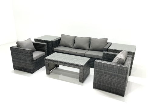 Fimous Rattan Garden Furniture Set Outdoor Lounger Sofa with Coffee Table 2 Armchair 2 Side Tables Dark Grey Mixed