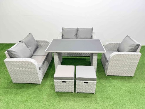 Fimous Rattan Sofa Outdoor Furniture with Dining Table,Love Sofa,2 Small Stools Patio Furniture Light Grey 7 Seater