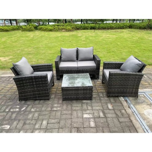 Fimous 4 Seater Dark Grey Mixed High Back Rattan Sofa Set Square Coffee Table Garden Furniture Outdoor Patio