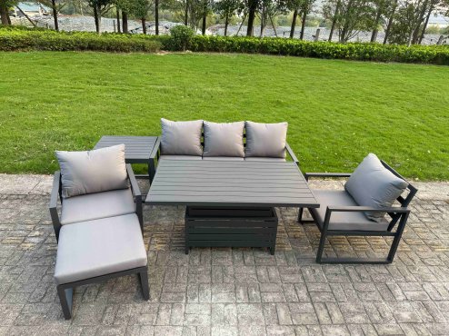 Fimous 5-Piece Aluminium Garden Furniture Sets 6 Seater Outdoor Sofa Set with Adjustable Rising Lifting Dining Table 2 Chairs Big Footstool