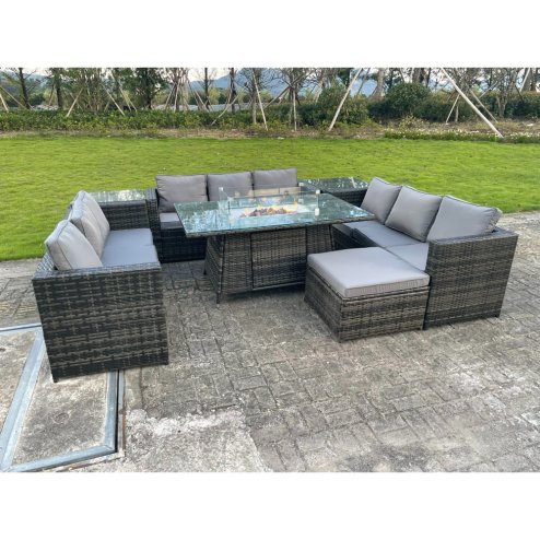Fimous U Shape Outdoor Rattan Garden Furniture Gas Fire Pit Table Sets Gas Heater Lounge Sofa Dark Grey Big Footstool 10 Seater