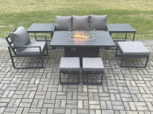 Fimous Aluminium 8 Pieces Garden Furniture Sofa Set with Cushions Gas Fire Pit Dining Table Set with 3 Footstools 2 Side Tables Dark Grey