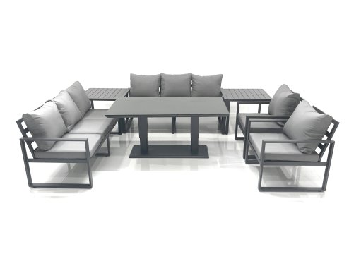 Fimous Garden Sofa Set Aluminium Furniture Rising Dining Tabe Set with 2 Chair 2 Side Tables Dark Grey