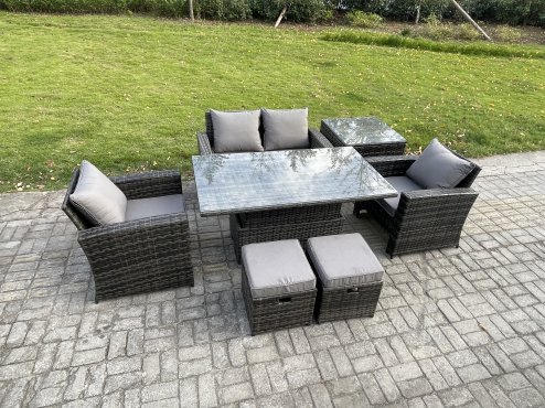 Fimous Outdoor Garden Dining Sets 6 Seater Rattan Patio Furniture Sofa Set with Rising Lifting Table Side Table 2 Small Footstools Dark Grey Mixed
