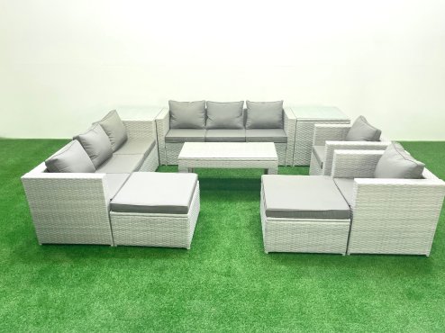Fimous Outdoor Garden Furniture Rattan Sofa Set with 2 Armchairs Oblong Coffee Table 2 Big Footstools 2 Side Tables Light Grey Mixed