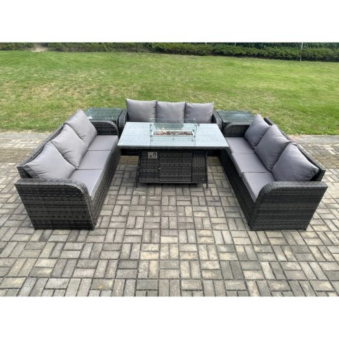 Fimous Rattan Furniture Garden Dining Set Gas Fire Pit Table With 2 Side Tables Lounge Sofa Dark Grey Mixed