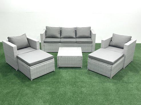 Fimous 7 Seater Rattan Garden Furniture Set with 3 Seater Sofa 2 Chair Square Coffee Table 2 Big Footstools Light Grey Mixed