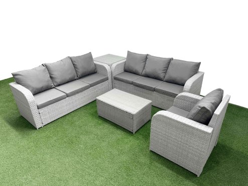 Fimous 7 Seater Poly Rattan Outdoor Garden Furniture Sofa Set Patio 3 Seater Sofa Reclining Chair 3 Seater Sofa Side Table Light Grey Image