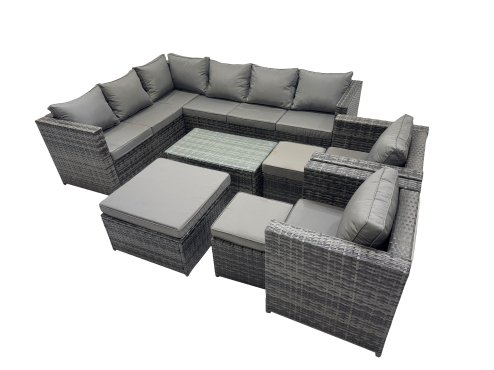 Fimous Outdoor Rattan Rectangular Coffee Table Corner Sofa Sets Garden Furniture Set with 2 Chairs 3 Stools Dark Grey Mixed