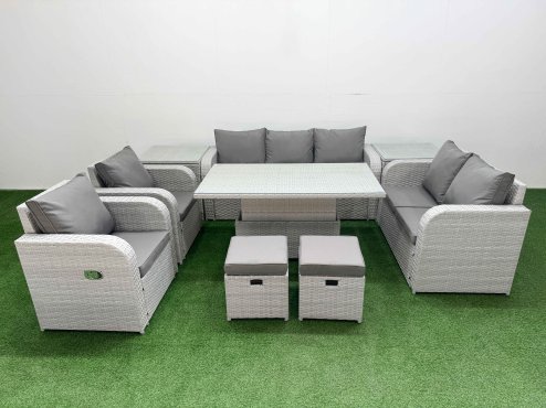 Fimous PE Rattan Garden Furniture Set Reclining Chair Sofa Double Love Seat 2 Seater Sofa Lounge Set Adjustable Lifting Dining or Coffee Table 2 Stools 2 Side Table Light Grey Image