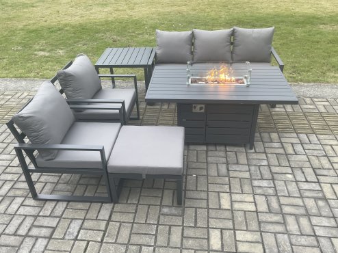 Fimous Aluminium Outdoor Garden Furniture Set Gas Fire Pit Dining Table Set Gas Heater Burner with 2 Arm Chair Side Table Big Footstool Dark Grey 6 Seater