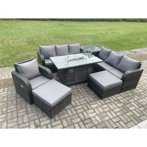 Fimous 9 Seater Wicker Rattan Garden Furniture Set Gas Fire Pit Dining Table Reclining Chair 3 Seater Sofa Set Indoor Outdoor with Side Table 2 Big Footstool