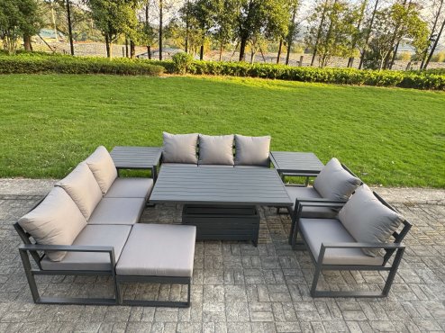 Fimous Garden Aluminium Furniture Set Dark Grey 9 Seater Outdoor Patio Adjustable Rising Lifting Dining Table with 2 Chairs Side Table Big Footstool Dark Grey