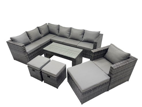 Fimous 7 Pieces Outdoor PE Rattan Garden Furniture Corner Sofa Oblong Coffee Table Set with Cushions 3 Footstools Dark Grey Mixed