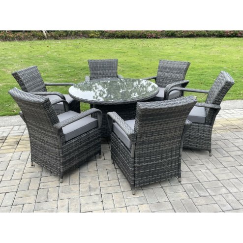 Fimous Outdoor Rattan Garden Furniture Dining Set Table And Chair Set Wicker Patio 6 Chairs Plus Round Clear Tempered Glass Table