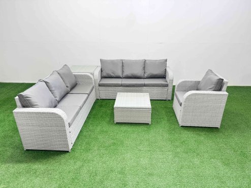 Fimous 7 Seater Poly Rattan Outdoor Garden Furniture Square Coffee Table Sofa Set Patio 3 Seater Sofa Reclining Chair 3 Seater Sofa Side Table Light Grey Image