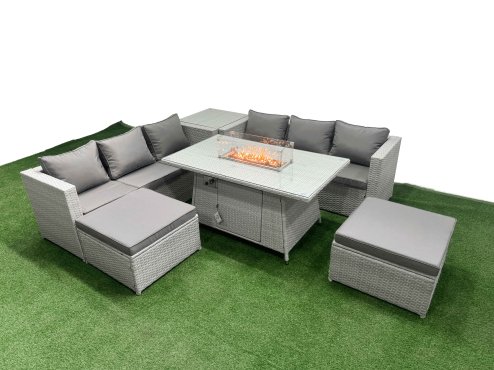 Fimous 8 Seat PE Rattan Lounge Sofa Set Outdoor Garden Furniture Set with Firepit Dining Table 3 Seater Sofa 2 Stools Side Table Light Grey