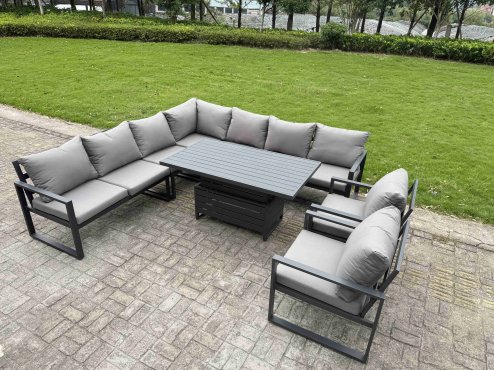 Fimous 9 Piece L-shaped Garden Furniture Set 10-Seater Aluminium Outdoor Dining Set with Adjustable Rising Lifting Dining Table Chair 2 Small Footstools Dark Grey