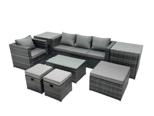 Fimous Outdoor Coffee Table Sofa Armchair Set with 2 Side Tables Big Stool 2 Small Footstools Garden Furniture Set Dark Grey Mixed
