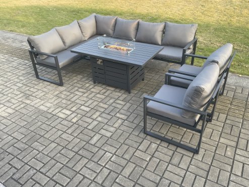 Fimous Aluminium Outdoor Garden Furniture Corner Sofa Gas Fire Pit Dining Table Sets Gas Heater Burner with 2 Chairs Dark Grey 8 Seater