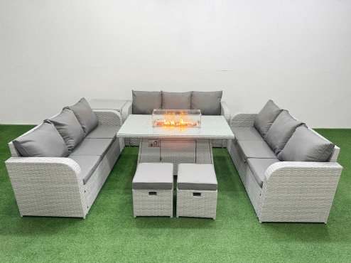 Fimous PE Rattan Lounge Sofa Set 11 Seater Outdoor Garden Furniture Set with Firepit Dining Table 3 Seater Sofa 2 Stools Side Table Light Grey