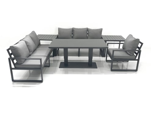 Fimous Outdoor Garden Furniture Set Aluminium Lounge Sofa Adjustable Rising Lifting Dining Table Sets with 2 Side Tables Dark Grey