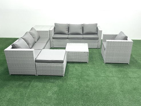 Fimous Wicker PE Rattan Sofa Garden Furniture Set with Armchair Square Coffee Table Big Footstool Side Table Light Grey Mixed