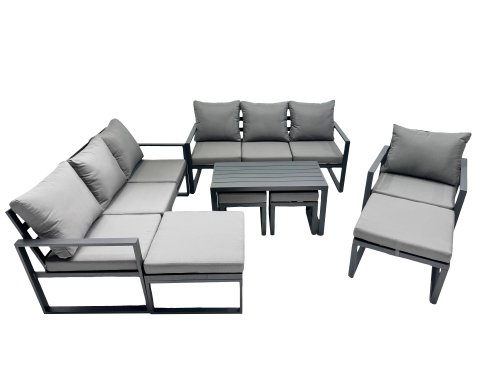 Fimous Outdoor Garden Furniture Set Aluminium Lounge 3 Seat Sofa Oblong Coffee Table Sets with Chair 4 Stools Dark Grey