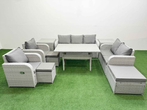 Fimous PE Rattan Garden Furniture Set Reclining Chair Sofa Double Love Seat 2 Seater Sofa Lounge Set Rectangular Dining Table 3 Stools 2 Side Table Light Grey