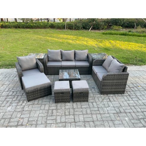 Fimous Rattan Garden Furniture 9 Piece Patio Set With Table Sofa Square Coffee Table Reclining Chair Loveseat sofa Side 3 Seater Sofa 3 Footstools 2 Side Tables