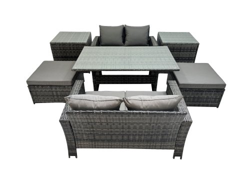 Fimous 6 Seater Wicker PE Rattan Furniture Outdoor Dining Table Double Seat Sofa 2 Side Table 2 Big Stools Set Dark Grey Mixed