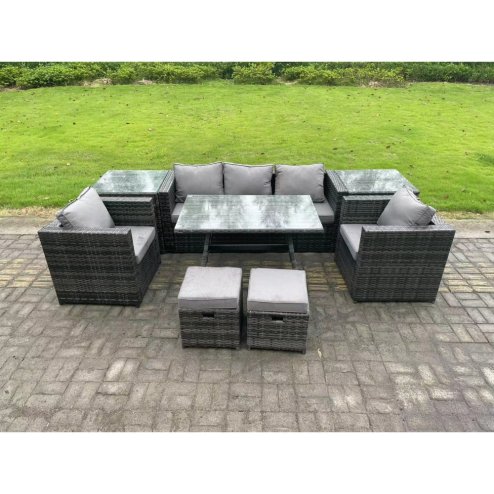 Fimous Rattan Outdoor Furniture Sofa Garden Dining Set with Dining Table 2 Armchairs 2 Side Tables Small Stools Dark Grey Mixed