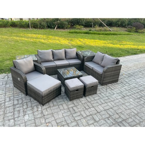 Fimous Rattan Garden Furniture 9 Piece Patio Set With Table Sofa Square Coffee Table Reclining Chair Loveseat sofa Side 3 Seater Sofa 3 Footstools 2 Side Tables