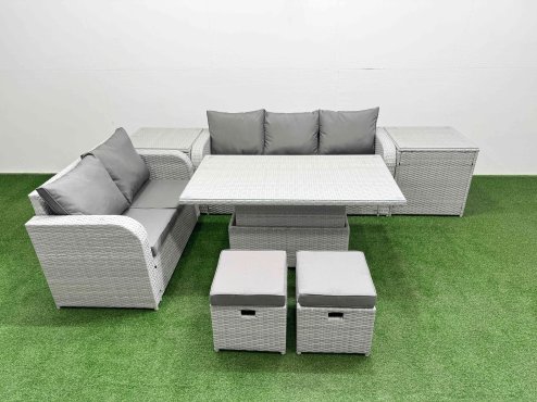 Fimous 7 Seater PE Rattan Wicker Garden Furniture Patio Conservatory Sofa Set with Adjustable Lifting Dining or Coffee Table 3 Seater Sofa Love Sofa 2 Stools 2 Side Table