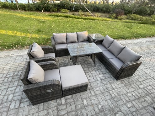 Fimous 9 Seater Rattan Outdoor Garden Furniture Sofa Set Patio Table & Chairs Set with 3 Seater Sofa Rectangular Dining Table Big Footstool Side Table Dark Grey Mixed