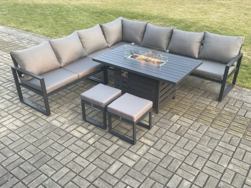 Fimous Aluminium 9 Seater Garden Furniture Outdoor Set Patio Lounge Sofa Gas Fire Pit Dining Table Set with 2 Small Footstools Dark Grey