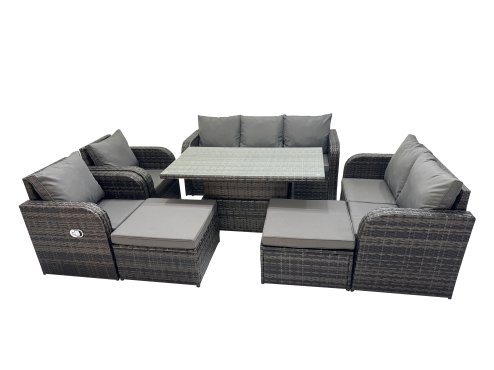 Fimous Rattan Garden Furniture Dining Set 9-seater Patio Height Adjustable Rising Lifting Table Sofa Sets with 2 Big Footstool Dark Grey Mixed